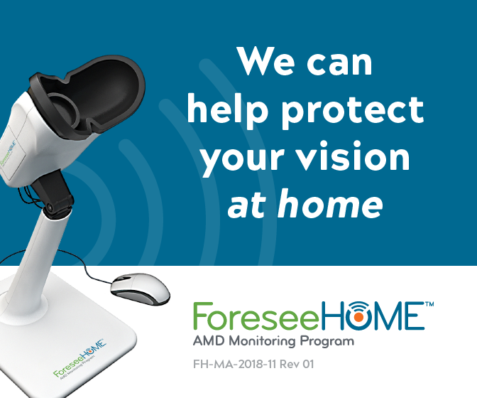 ForeseeHome AMD Monitoring device with text "we can help protect your vision at home"